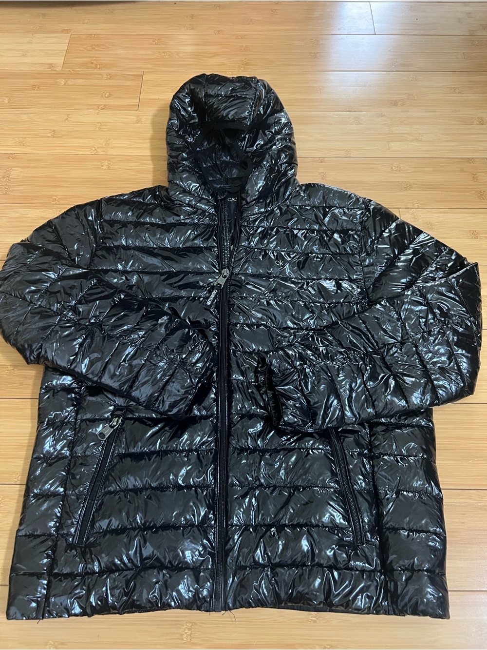 Calvin Klein Glossy Black Quilted Hooded Puffer Jacket